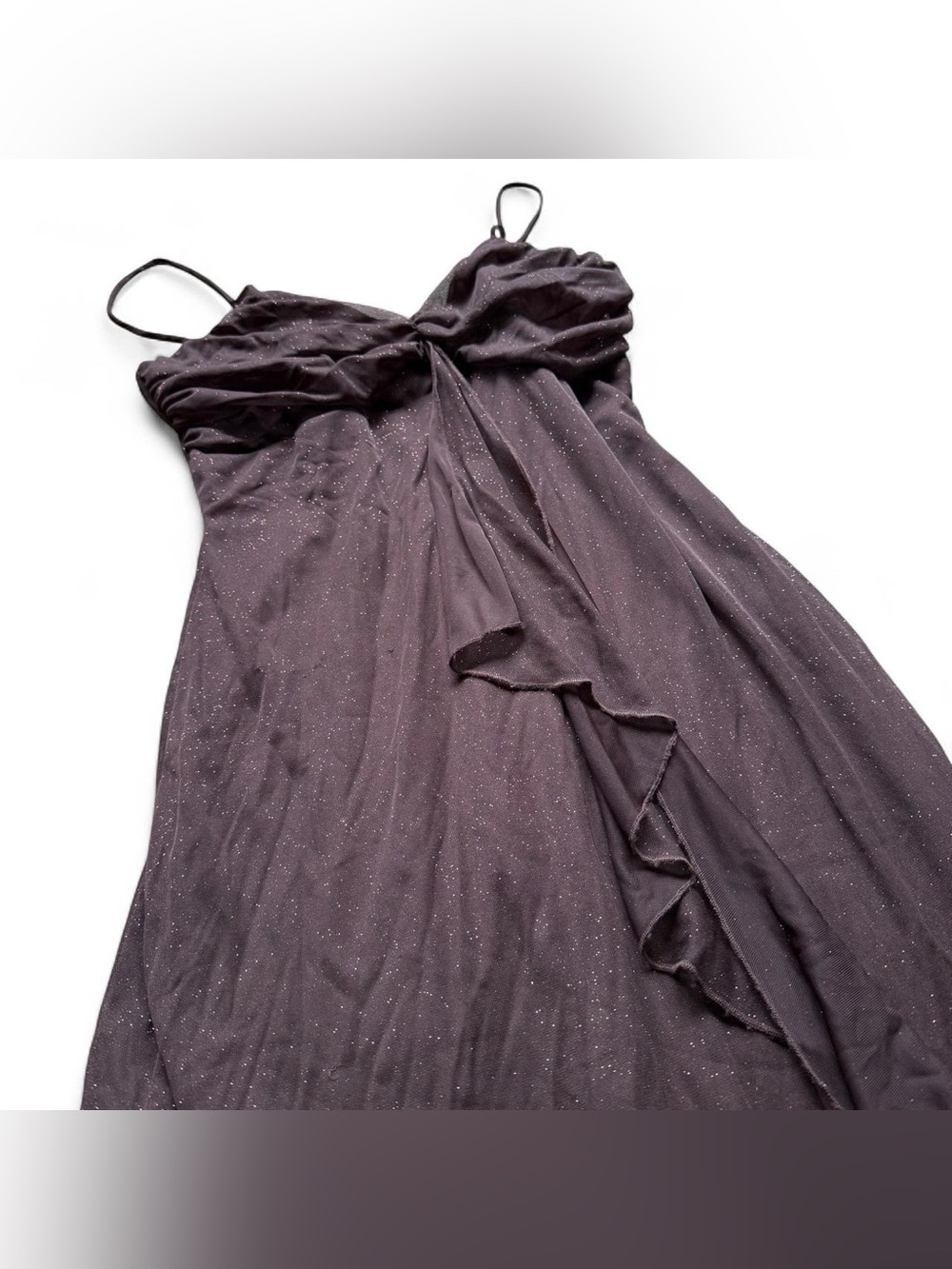 Vintage Y2K Wrapper Brown Glitter Mesh Asymmetric Ruffle Dress